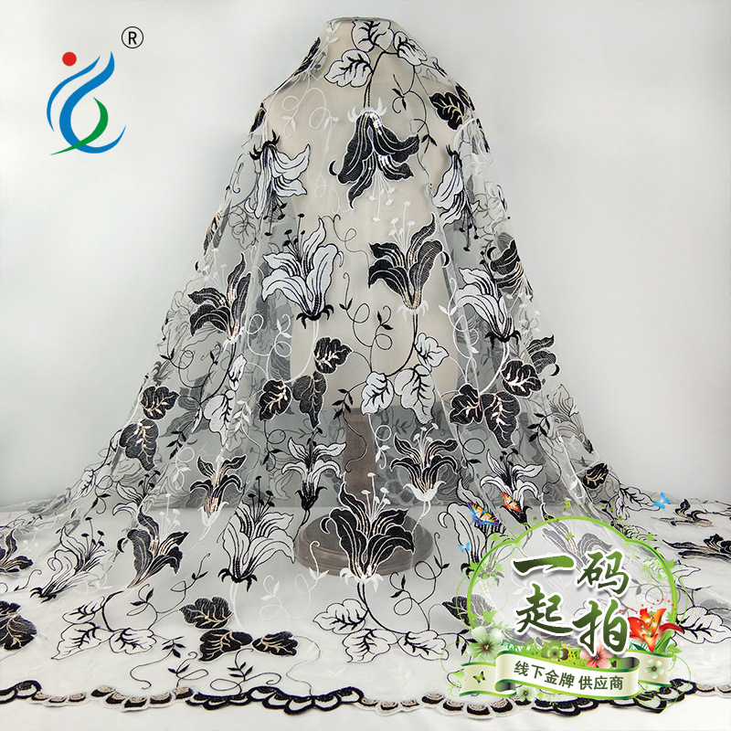 厂家直销 复古风时尚新款珠片刺绣面料精美汉服连衣裙网纱绣花布