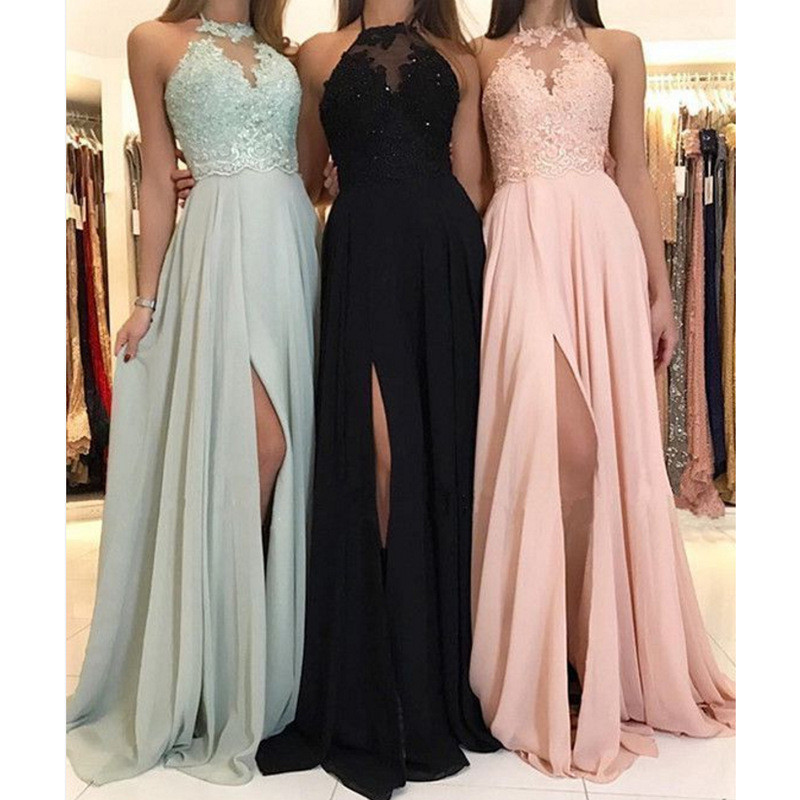 2020 summer new European and American Amazon Halter Lace Chiffon Dress Prom Evening Dress split long dress new