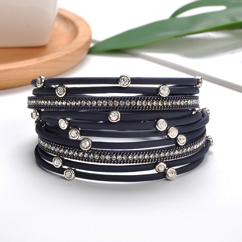 Daily Occasion Pu Leather Material Round Pattern Simple Style Round Pu Leather Alloy Inlay Artificial Rhinestones Water Plating Men's Bracelets Men Cord & Leather Bracelets