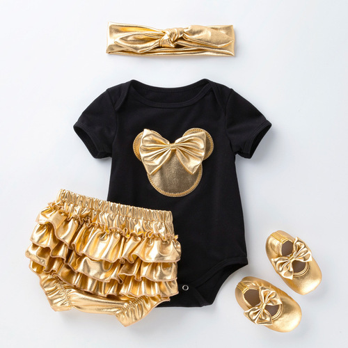 Black and White Newborn Baby Short Sleeve Bodysuit Set with Gold PP Pants and Summer Short Sleeve Diaper Suit with Learning Shoes