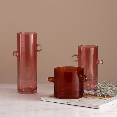 新品轻奢双耳玻璃花瓶 家居样板间客厅餐厅酒吧装饰摆件插花瓶