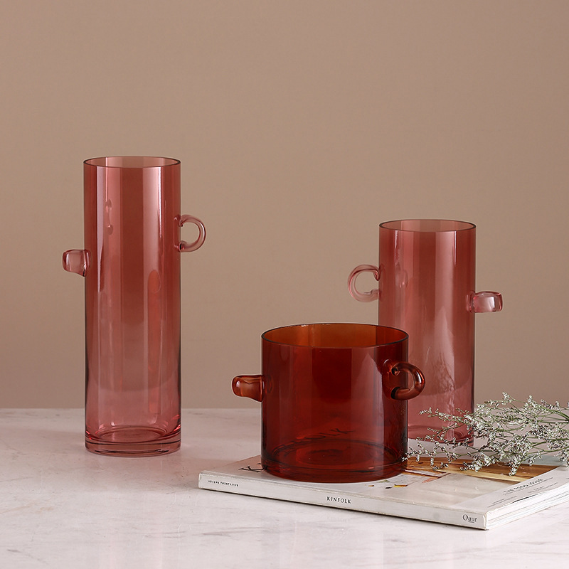 新品轻奢双耳玻璃花瓶 家居样板间客厅餐厅酒吧装饰摆件插花瓶