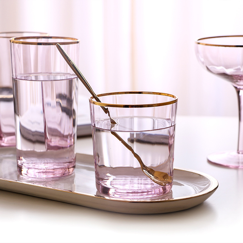 金边粉色水晶玻璃饮料杯家用果汁杯牛奶杯创意杯子钻杯水杯