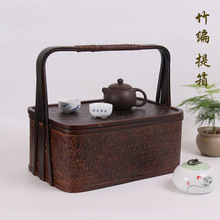 復古食盒 竹編手提茶具收納箱 方形單層提籃糖果籃禮品竹盒竹籃子