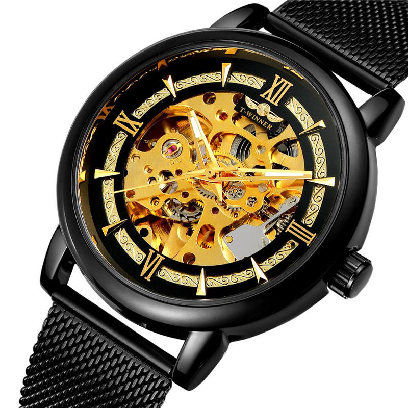 Ganador reloj mecánico automático de los hombres moda hueco transparente Fondo volante Acero inoxidable malla cinturón reloj mecánico B099