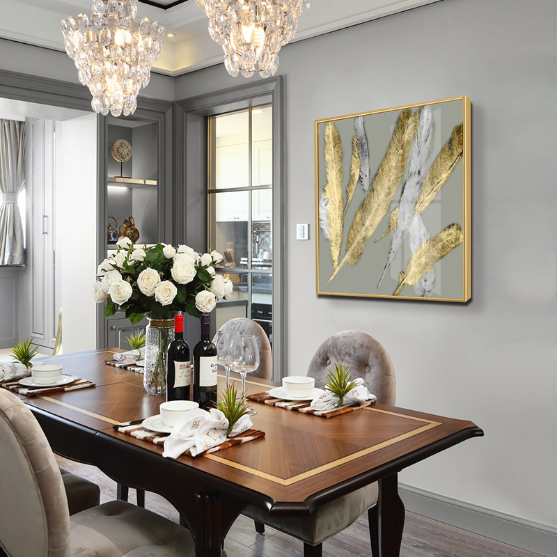 北欧轻奢金色羽毛铝合金烤瓷晶瓷画装饰画 客厅酒店床头挂画定制|ms