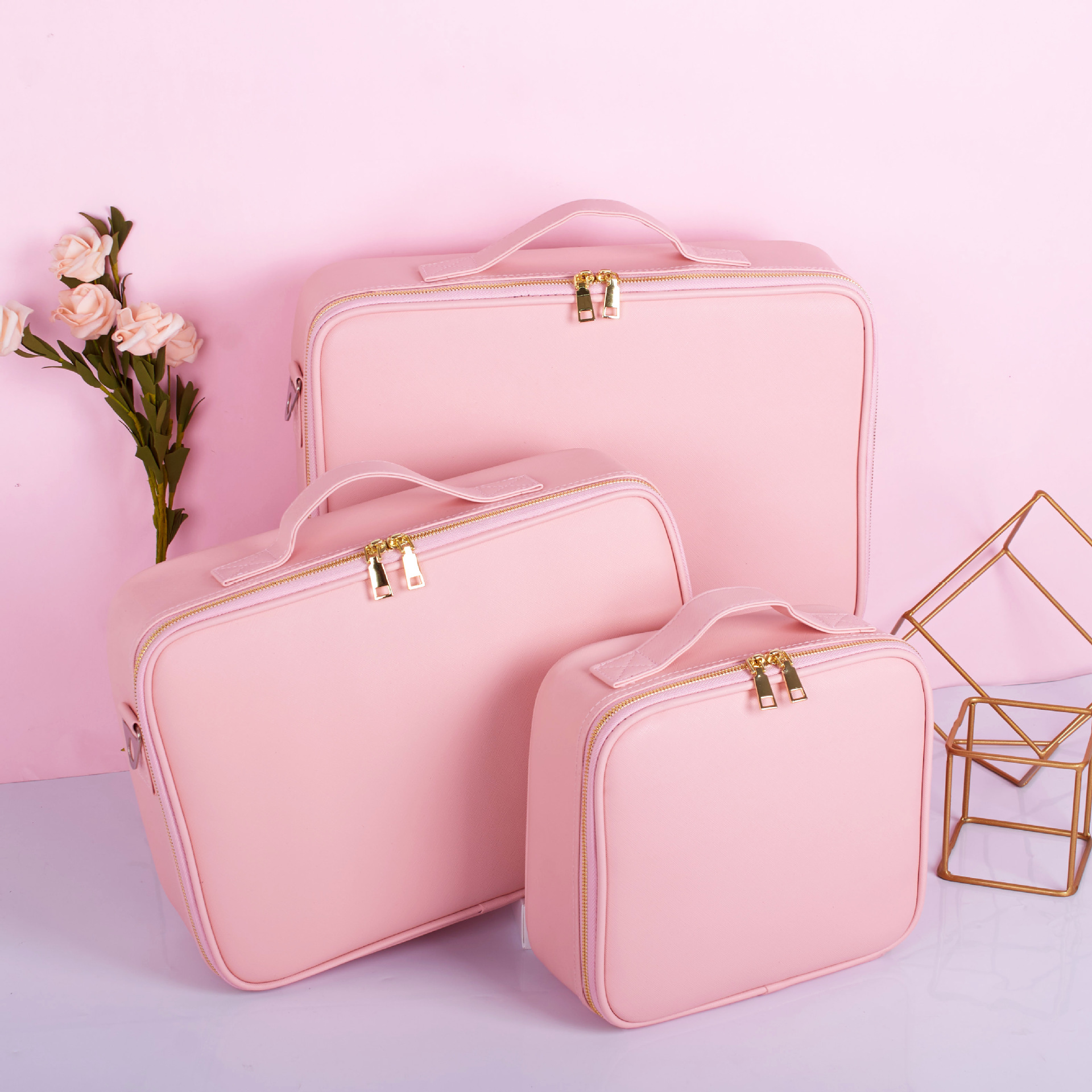 Double deck travel storage partition Cosmetic Bag Pink portable waterproof Pu large capacity portable Cosmetic Case