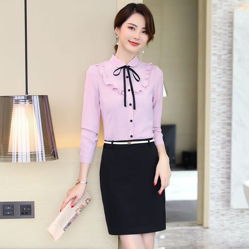 Lotus Leaf Edge Long-Sleeve Shirt with Korean Style Bow Ties and Adjustable Bands, Stylish and Versatile Office Lady Fashion Top, Item No. 6829