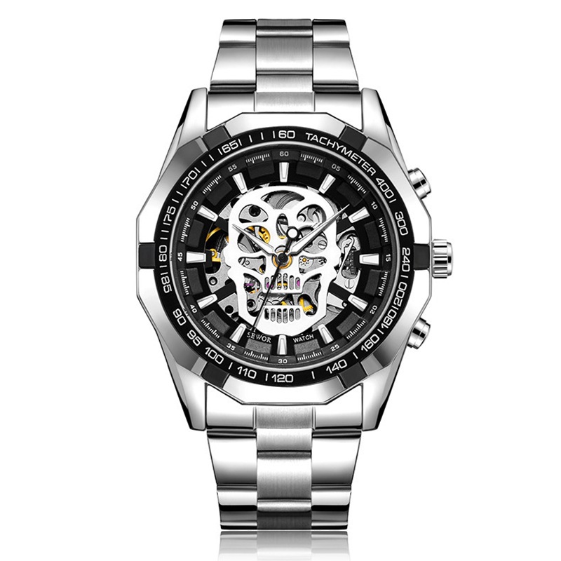 SEWOR correa de acero de la moda de los hombres reloj mecánico automático cráneo luminoso impermeable reloj hueco transparente inferior 740