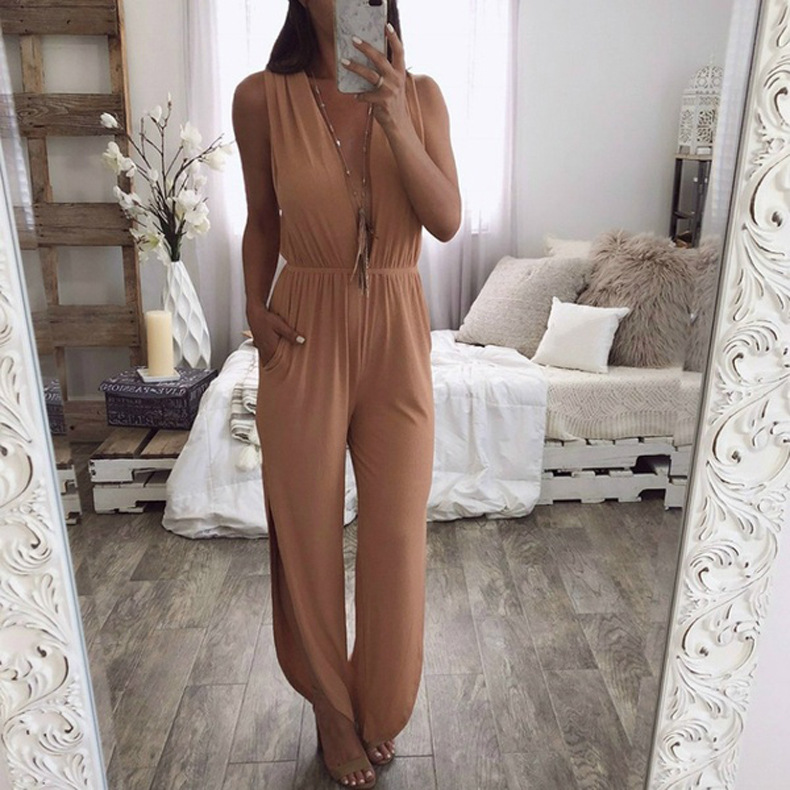 sleeveless solid color open back split jumpsuit  NSKX10128