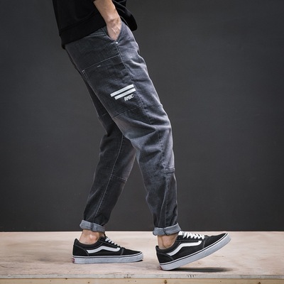 Spring and summer Harajuku Black grey Jeans Easy Straight Trend student Feet Elastic force Large Haren trousers