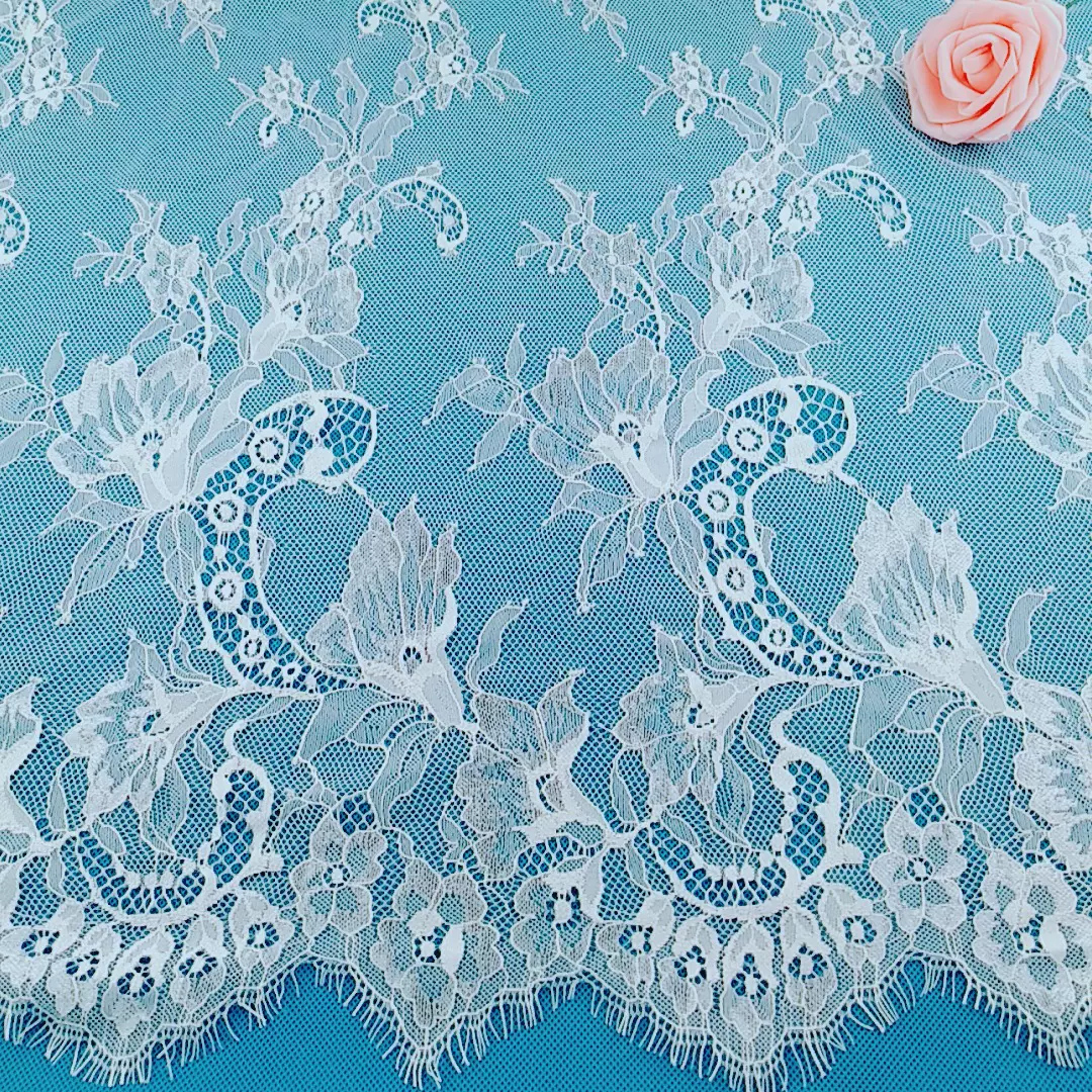 全锦纶蕾丝睫毛花边面料 高端女装面料 服装辅料 裙子现货黑白色