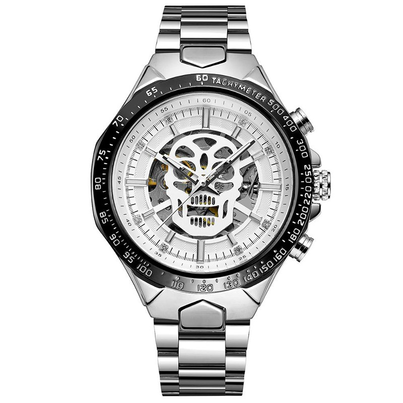 Forsining Fusini hombres de moda correa de acero reloj mecánico automático cráneo luminoso reloj impermeable 432