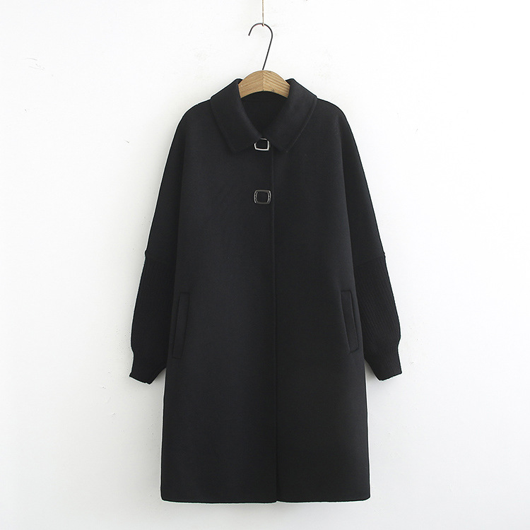 大码女装胖MM秋季中长款袖口拼接针织双面呢大衣气质外套032001|ru