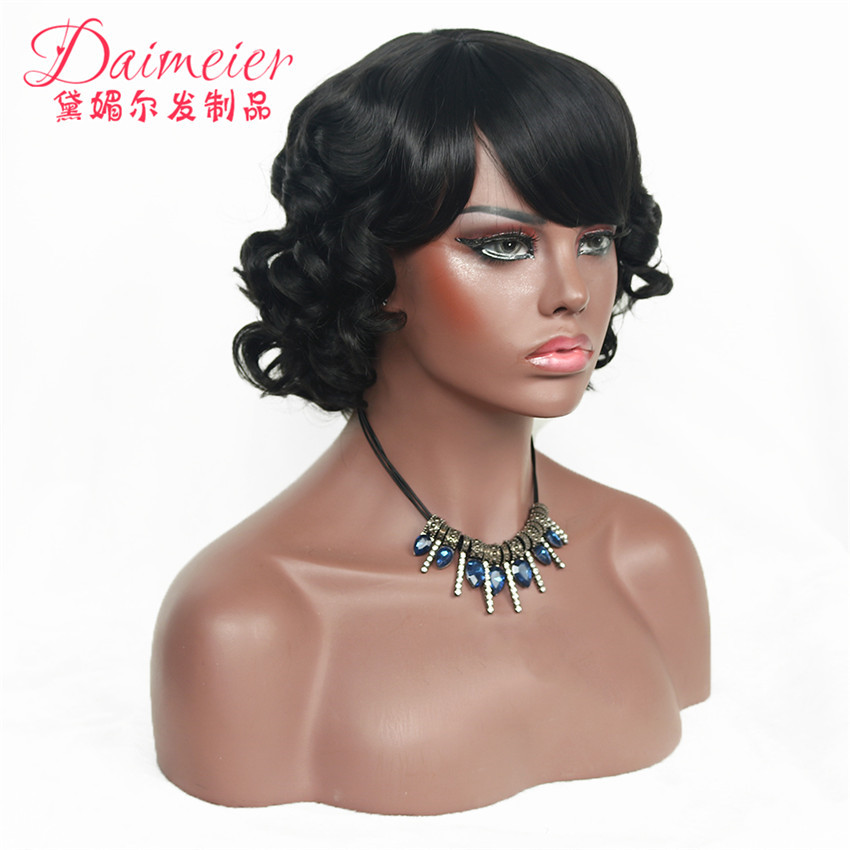 工厂现货欧美爆款时尚黑色蓬松短卷发化纤非洲假发头套批发代发