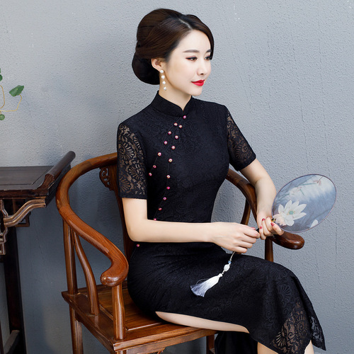 Chinese Dresses Qipao for women robe chinoise cheongsam Short sleeve standing collar long bud cheongsam dress