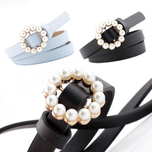 Women's pu leather gemstones pearl belt for dress jeans Korean fashion sweet strap pearl buckle decorative pants belt