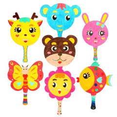 Children's Doodle Painted Fan Blank Round Fan Kindergarten DIY Painting Wooden Fan Cartoon Pattern Coloring Fan 