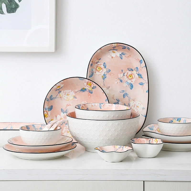 Чаша AiNi Ceramics Camellia — японский стиль, белая фактурная внешняя стенка, внутренняя розовая цветочная отделка, размеры 21.9×19.3×6 см