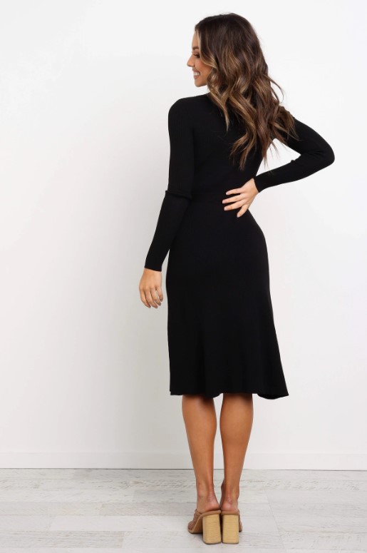  round neck long-sleeved lace-up solid color dress knitted mid-length skirt NSYD3720