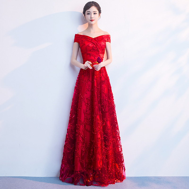 Rojo tostada vestido de novia 2024 otoño fuera del hombro largo elegante Banquete de verano y otoño vestido de noche para las mujeres image 8