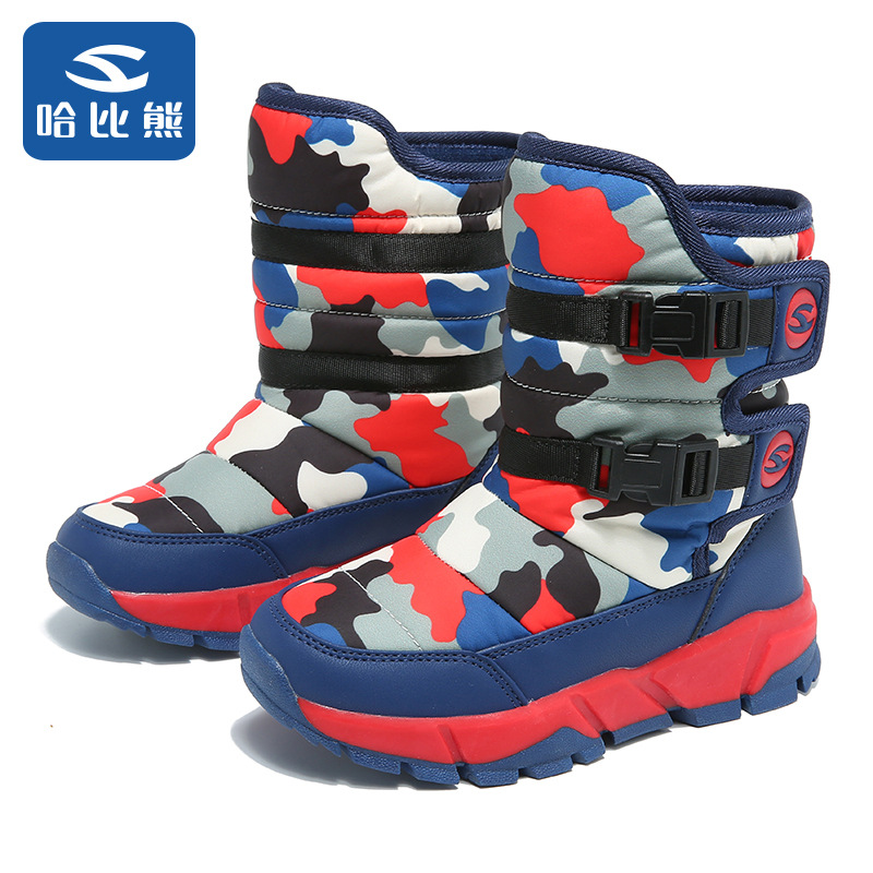 创意款冬季儿童雪地靴女童加绒防水男童鞋保暖迷彩棉鞋中大童短靴