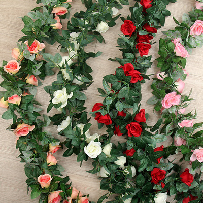 16頭玫瑰花藤條裝飾花仿真花絹花人造塑料花綠葉藤蔓跨境專供