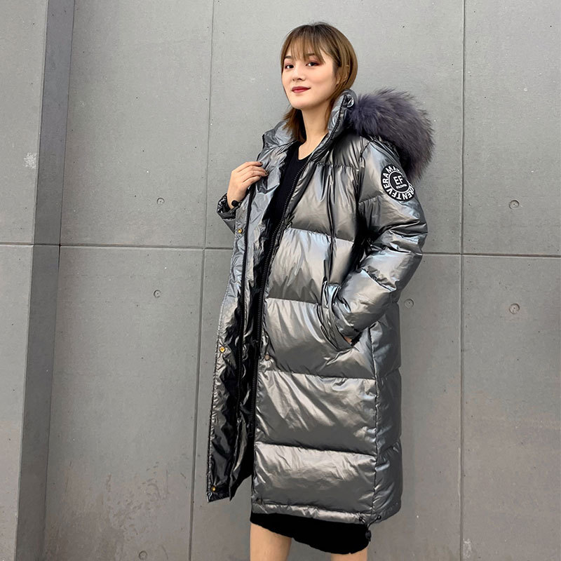 2019 new pattern Korean Edition Dongdaemun Bright surface Trendsetter Hooded Raccoon fur collar thickening Mid length version Down Jackets