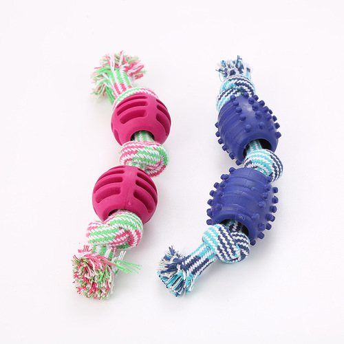 Double Knot Cotton Rope with TPR Ball Dog Toy Teething Toy Pet Teeth Cleaning Toy Factory Wholesale Cross Border