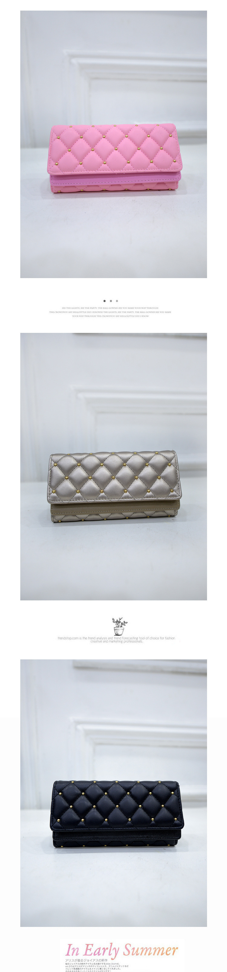 195g Weight Polyester Lining Material Magnetic Buckle Closure Type Pu Leather Material Solid Color Pattern Women'S Gender Fashion Style Square Shape Pink, Champagne, Black Color Korean  Diamond Tri-fold Large-capacity Wallet Wholesale 10