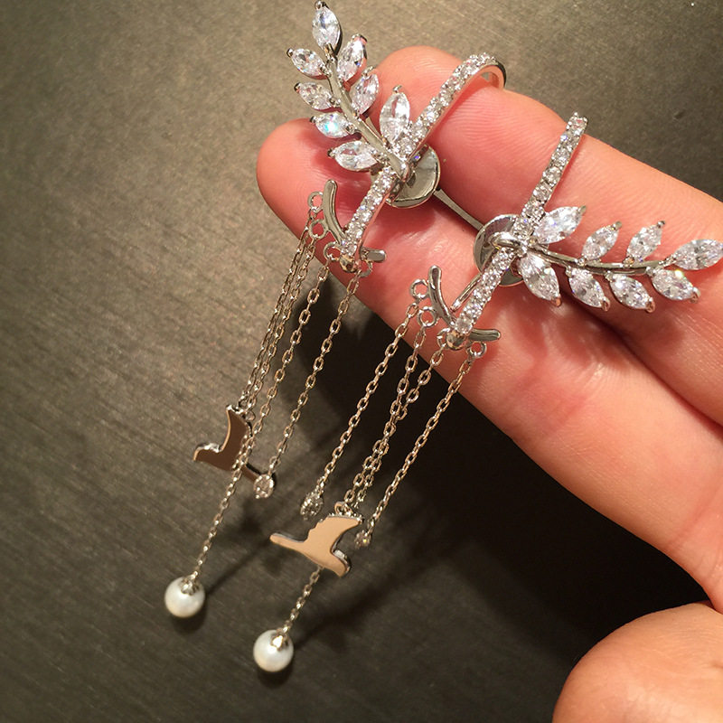 S925 Silver Needle Wheat Earrings Long Fringed Seagull Front And Rear Dual-use Earrings Super Fairy Creative Sweet Earrings display picture 3