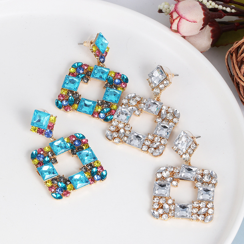 New Geometric Stud Earrings In Aquamarine Diamond Studded Glass display picture 3