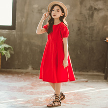 新款韓版夏日度假長裙紅色女童棉料夏款連衣裙復古童裙跨境2023