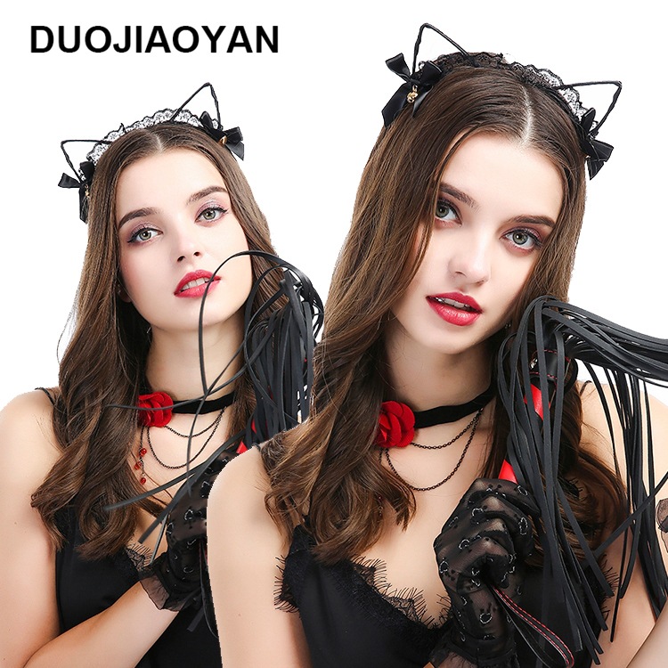 European And American Hollow Lace Small Bow Cat Ears Headband display picture 1