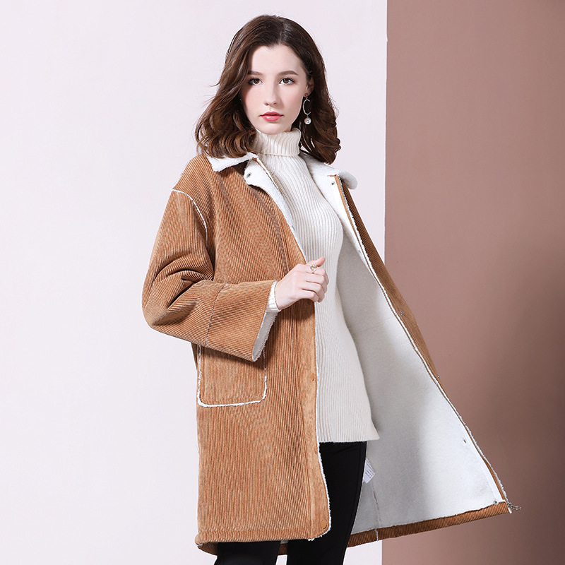 Plush thickening corduroy cotton-padded jacket 2019 new pattern Autumn and winter Self cultivation Show thin Mid length version Lapel Cotton coat