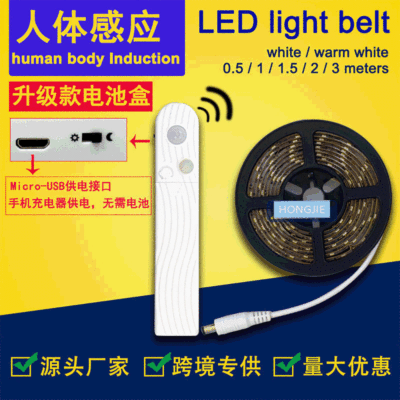 跨境led灯带充电人体感应电池盒灯带滳胶led2835灯条衣柜橱柜灯条|ru