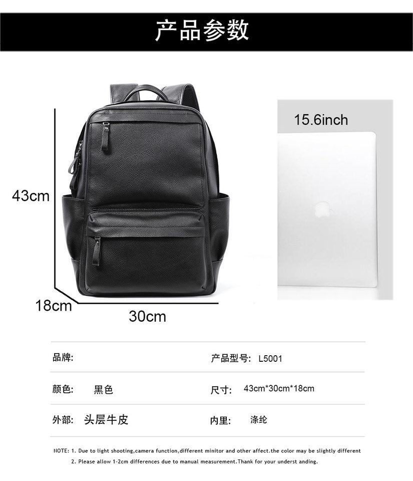 Ba lô nam da bò thật 15.6 inch chống nước, túi đeo vai du lịch đựng laptop 43×30×18 cm — Màu đen chi tiết 10