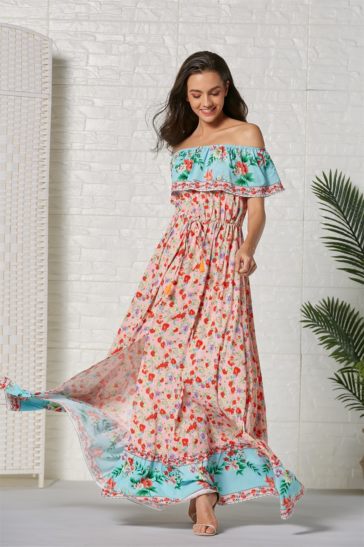 bohemian off-shoulder ruffle print long dress  NSSE53380