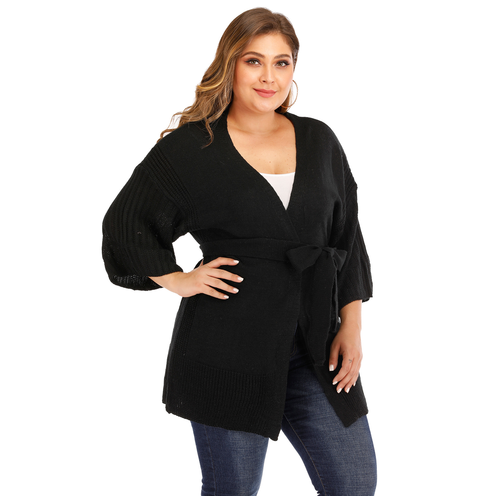 deep V three-quarter sleeve woven sweater   NSOY32638