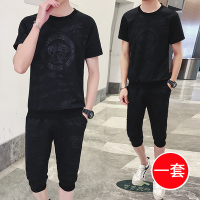 Sports suit Chaopai Two piece set T-shirts Trend summer Korean Edition fashion leisure time Sociology suit Chaopai