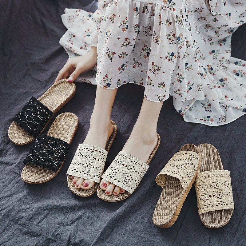 Кружевные льняные тапочки для женщин, плетеные для домашнего использования, ручной работы, для дома, нескользящие, для деревянных полов, удобные.