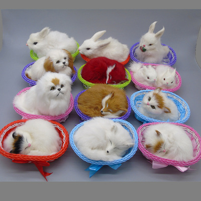 仿真猫咪毛绒动物玩具摆件狗玩偶兔子狐狸模型公仔送小筐家居摆件