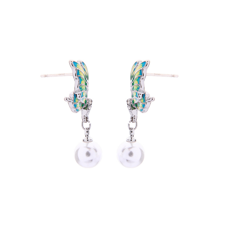 Sterling Silver Earrings Korean Crystal Diamond Butterfly Earrings New Pearl Earrings display picture 3