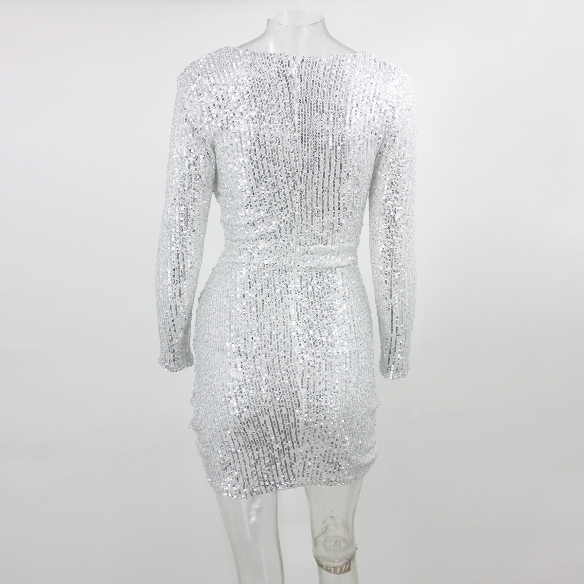 V-neck long-sleeved sequined slim dress NSYI18713