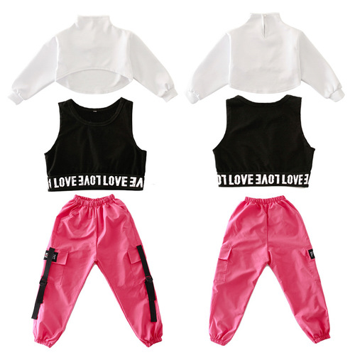 Pink Street dance costumes for girls  hip-hop costumes  girls  hiphop 3pcs one set midriff performance costumes girl children