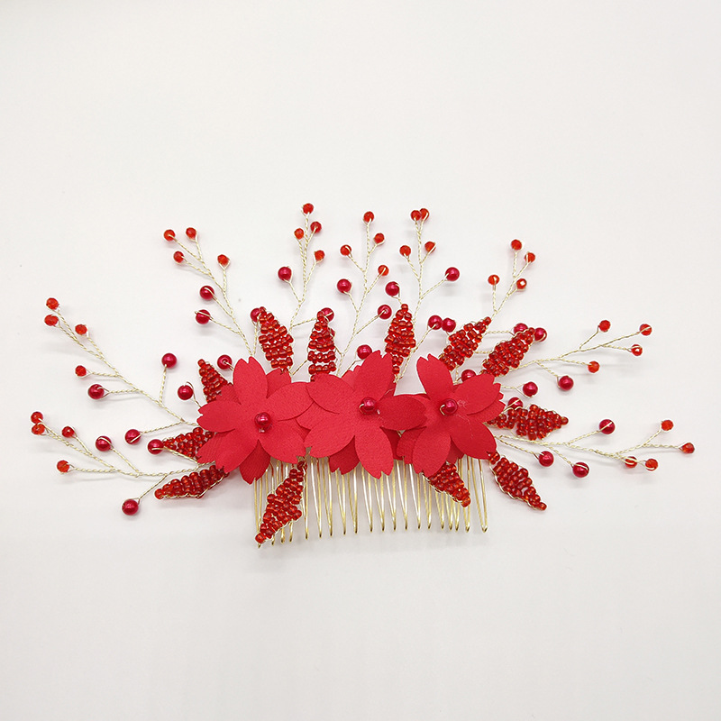 厂家直销新娘头饰原创设计大红珠花敬酒服秀禾服配饰手工婚庆配件