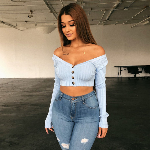 Solid color one shoulder wrap chest button long sleeve open navel slim T-shirt