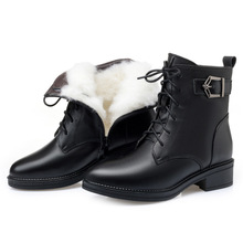 棉靴女羊毛短靴平跟加绒粗跟系带棉鞋大码中年妈妈棉皮鞋一件代发