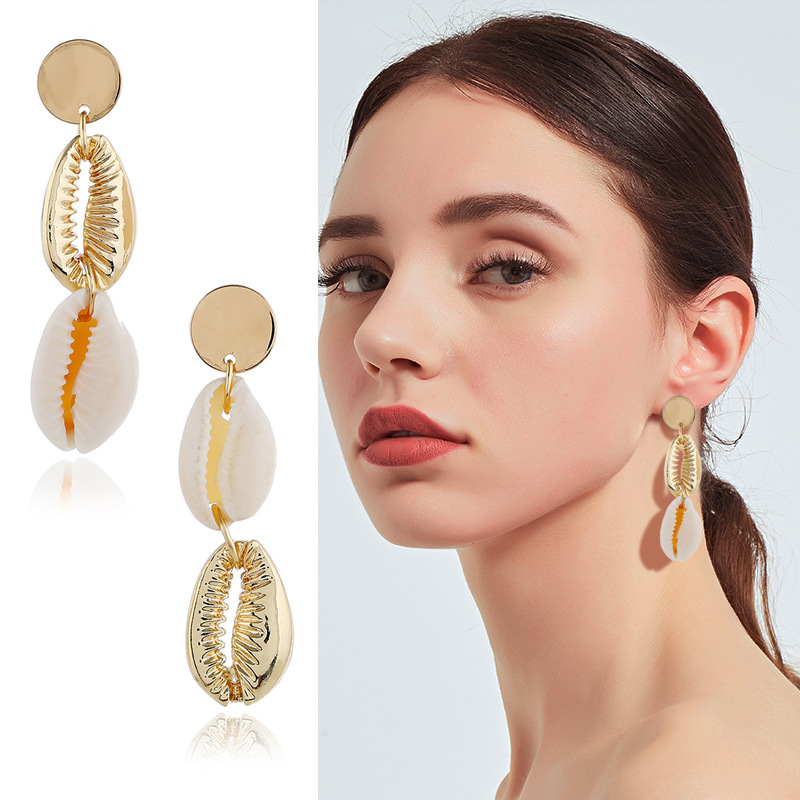Bohemia ins style Seaside on vacation golden shell Ear Studs alloy shell Earrings Natural shell Earrings