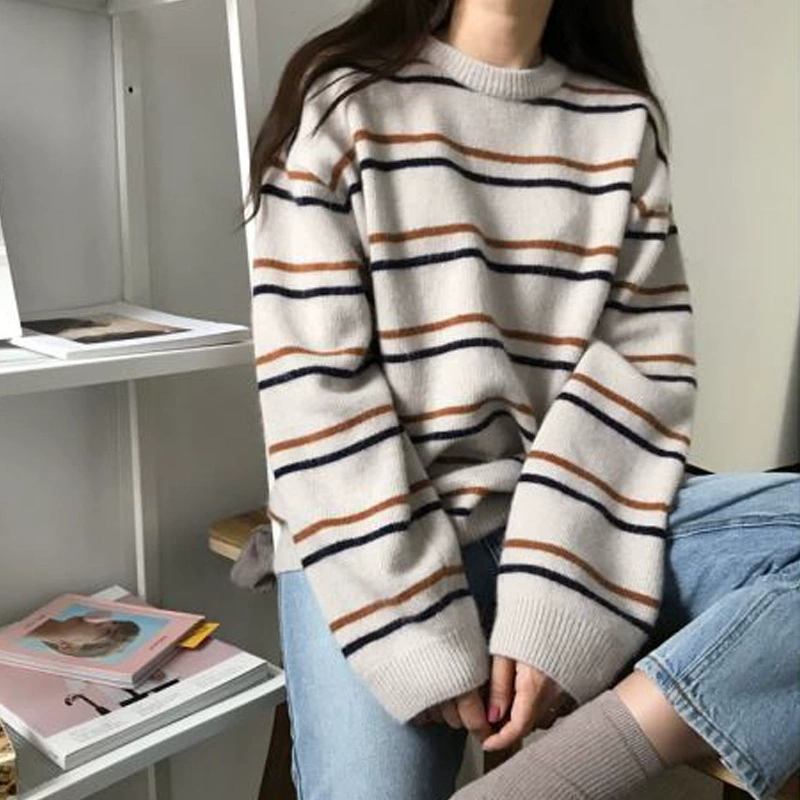 6056# Женский корейский свитер, полосатый вязаный свитер, свободный ленивый стиль для студенток